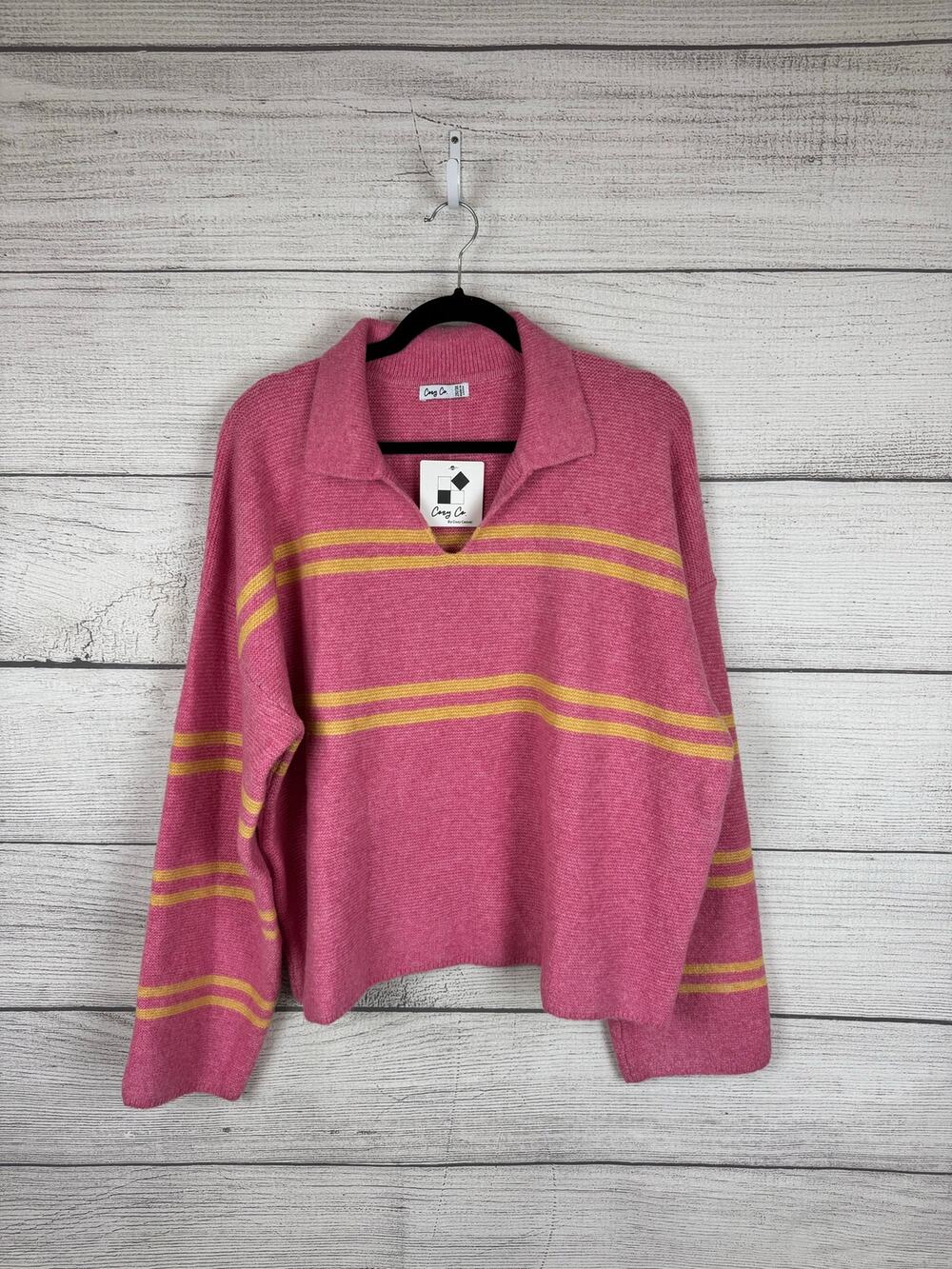 Cozy Co. Plus Size Pink & Yellow Stripe Knit Collared Sweater Size 2X/3X